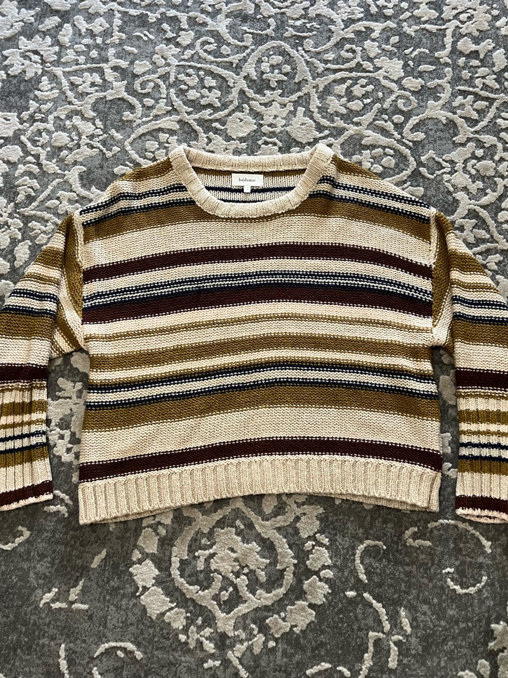 bohme Striped knit Crewneck Sweater in Cream, Brown & Navy